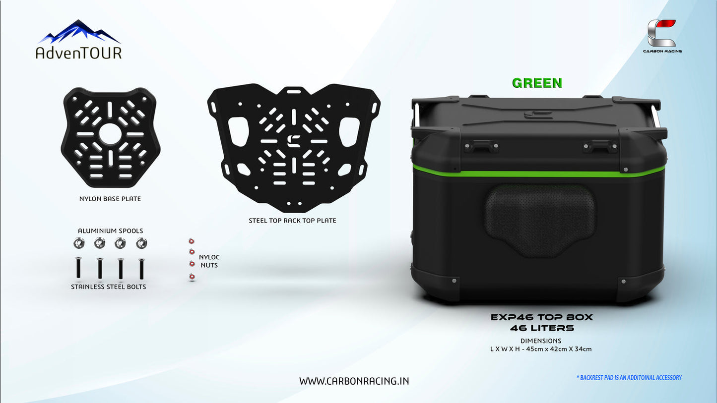 AdvenTOUR EXPLORER Top Box - 46 Liters (EXP46) + With Universal Mounting Kit (UTRK01) - Black Green - Riders Junction