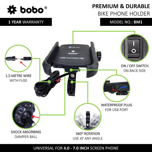 BOBO BM1 Jaw-Grip Bike Phone Holder (with fast USB 3.0 charger) Motorcycle Mobile Mount( Black)-BB-BM-001-001001