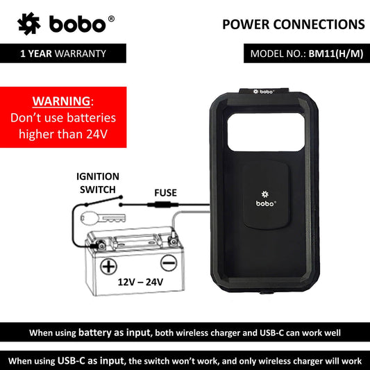 BOBO BM11M Fully Waterproof Bike Phone Holder with Fast 15W Wireless Charger USB-C Input/Output Port Motorcycle Mobile Mount-BB-BM-011-101001