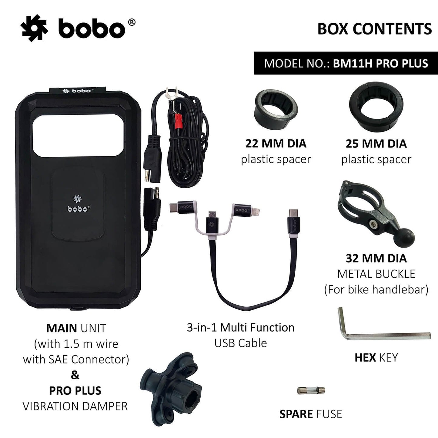 BOBO BM11H PRO PLUS Fully Waterproof Bike Phone Holder with PRO PLUS Vibration Damper (with Fast 15W Wireless Charger USB-C InputOutput Port) Motorcycle Mobile Mount-BB-BM-011-122001