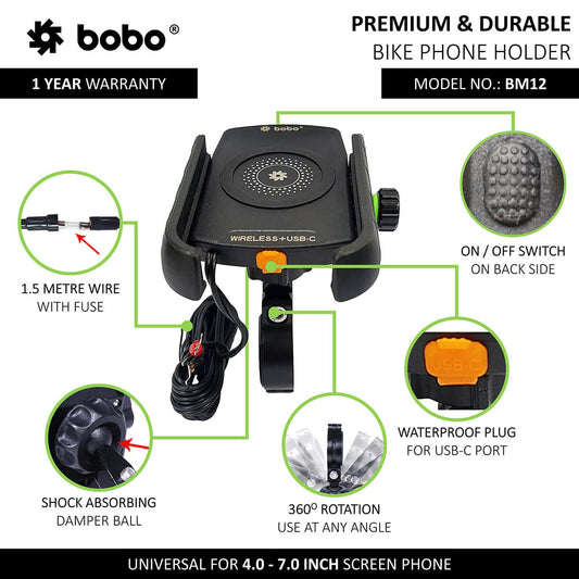 BOBO BM12 Bike Phone Holder (with Fast 15W Wireless Charger & USB-C Input/Output Port) Motorcycle Mobile Mount-BB-BM-012-001001
