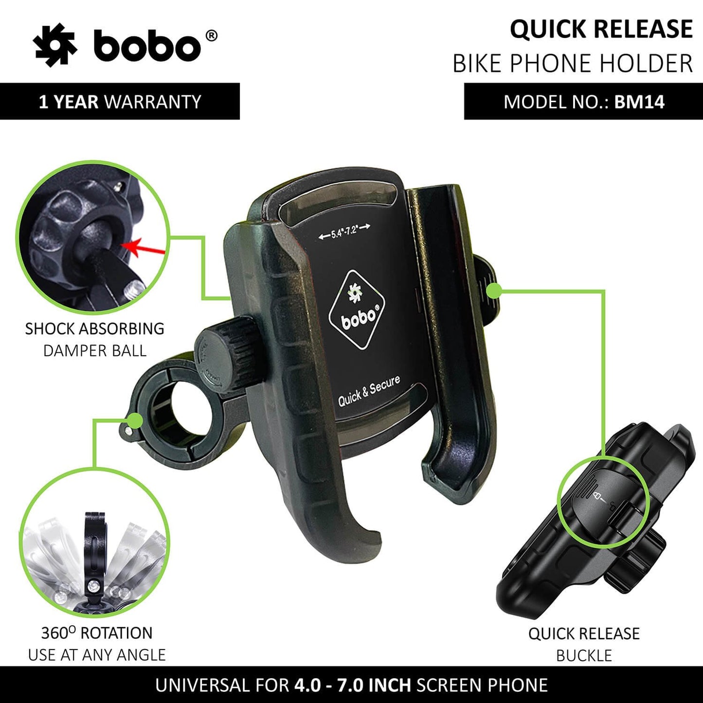 BOBO BM14 Quick Release Enhanced BM4 Bike Cycle Phone Holder Motorcycle Mobile Mount (Silver)-BB-BM-014-001004