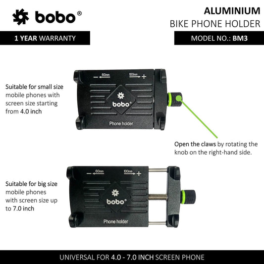 BOBO BM3 Claw-Grip Aluminum Bike / Cycle Phone Holder Motorcycle Mobile Mount (Black)-BB-BM-003-001001