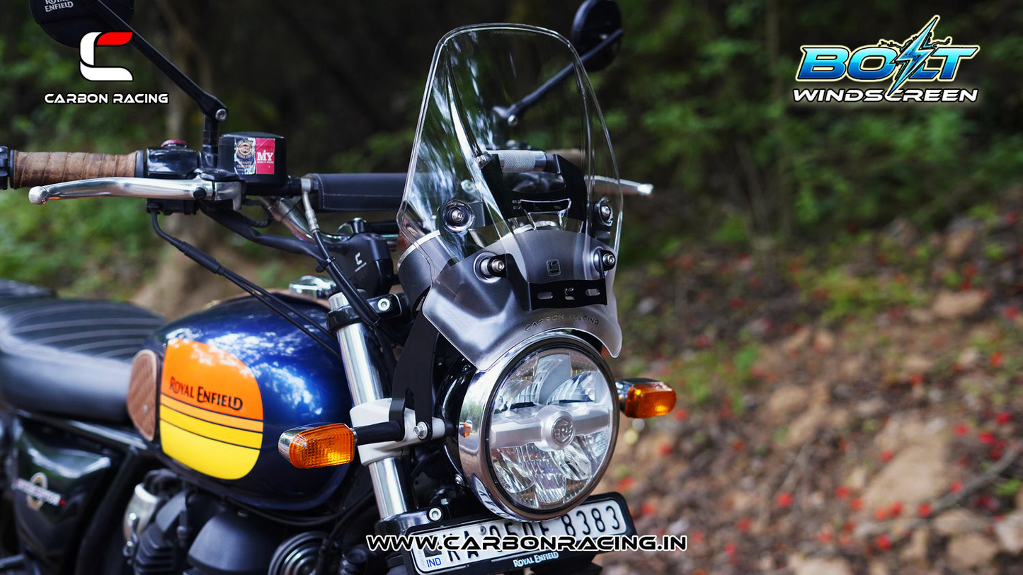 Carbon Racing BOLT Windscreen for Royal Enfield Interceptor 650 - Clear (Windshield + Integrated GPS Mount + Number Plate Holder)
