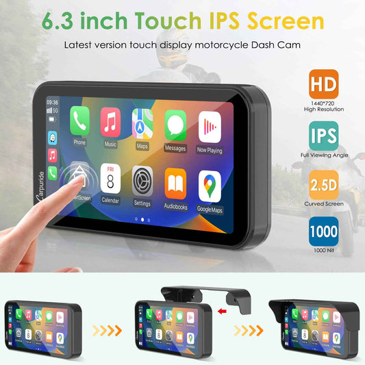 Carpuride Universal W603D with TPMS Wireless Portable Motorcycle Stereo with HD Dual Cameras