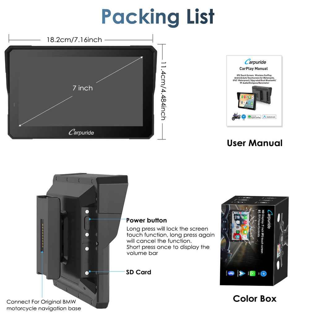 Carpuride W702BS (7 Inch) BMW Motorcycle CarPlay with OEM Controller Integration