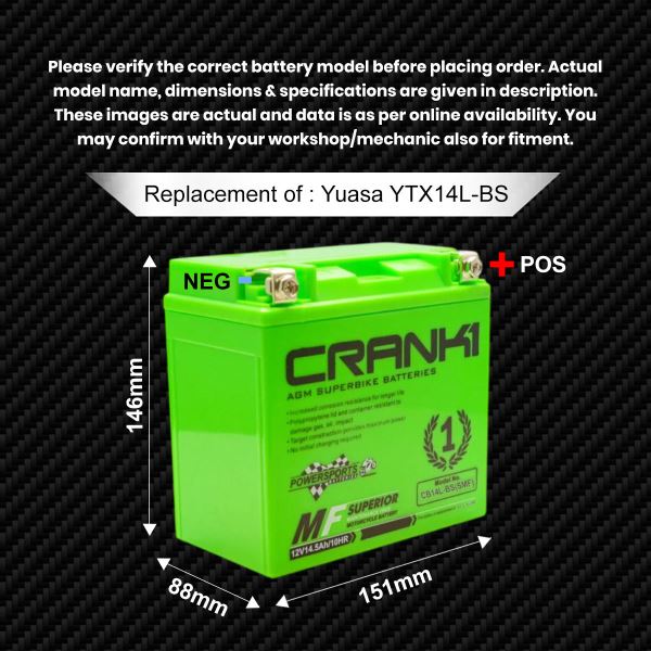 Crank1 Battery For Harley Davidson 1200 Custom (2010-2025) - CB14L-BS - Factory Activated