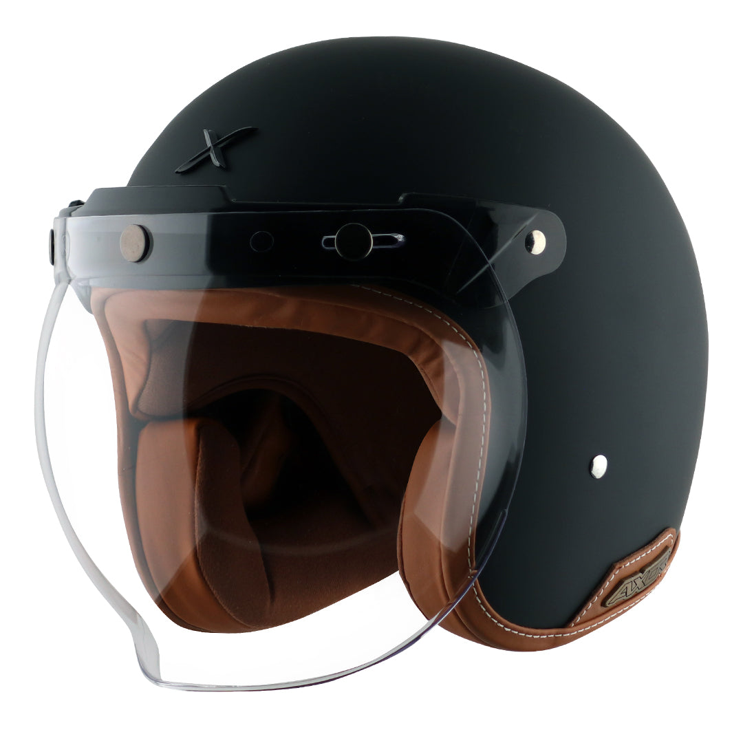 AXOR Retro Jet Leather Motorbike Helmet (Dull Black) - Buy Now At