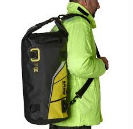 EA115BY Waterproof Cylinder Seat Bag 40 Litres, With a Black Base and Yellow, Grey and Silver Reflective Print - Givi - Riders Junction