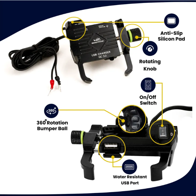 Claw Grip With Jaw Mobile Holder with Charger Aluminum - Black - Grandpitstop - Riders Junction