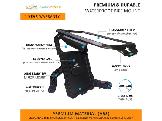 GrandPitstop - Waterproof Mirror Mount with Charger Colour - Black - Riders Junction