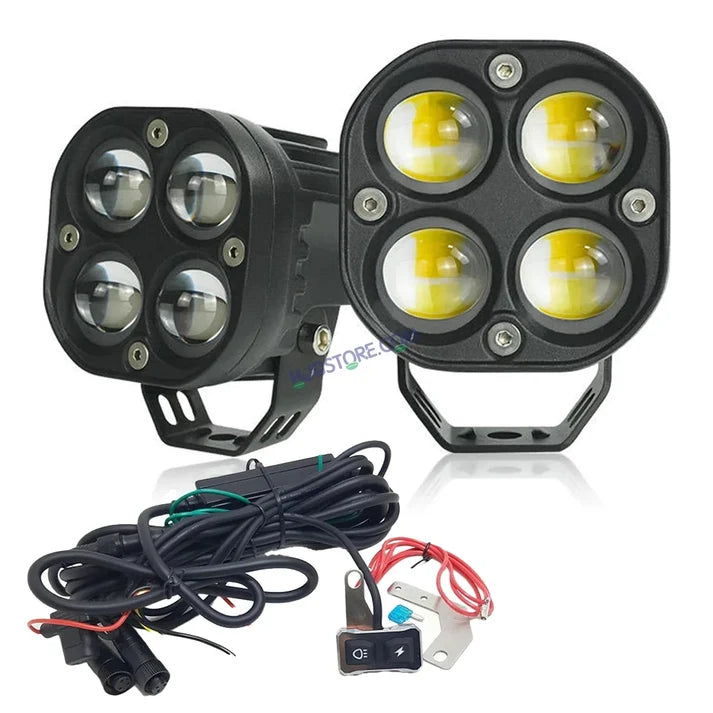 HJG 4x4 Projector Lens 80W LED Fog Light with Wiring Harness Kit – Future Eyes Style Dual Color White & Yellow with Flash Modes, High Power Driving Fog Lamp for Car, Bike, SUV, Jeep & Thar – Pack of 2