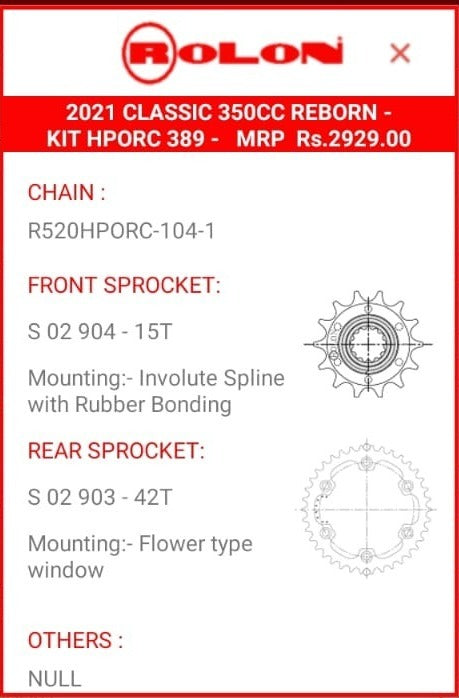 Rolon Brass Chain Sproket Kit for RE Reborn / RE Classic New / RE Meteor 350/ RE Hunter 350 - HPORC389
