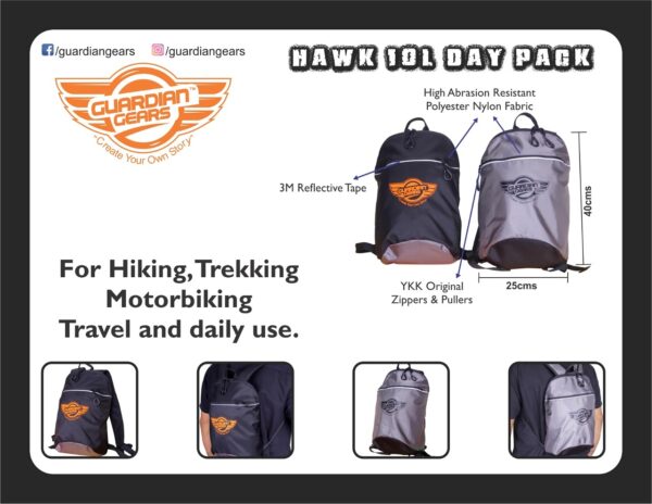 Hawk 10L Day Pack for Motorbiking, Trekking, Hiking, Camping, Travel and Daily Use (Grey) - Guardian Gears - Riders Junction