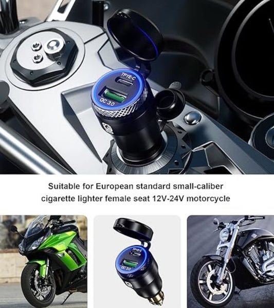 Kewig Aluminum DIN Hella Plug to Dual QC3.0 USB & Type-C Quick Charger Waterproof Adapter for 12V-24V BMW Ducati Triumph Motorcycle Hella DIN Socket (Black with Blue Light) (KWG-B8)