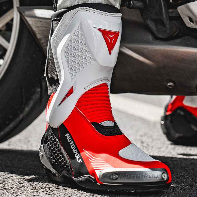 MotoWolf B01 Racing Motorcycle Riding Boots - White Red