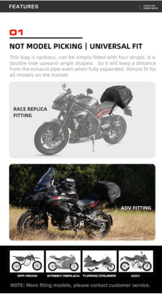 Rhinowalk 35-50L Rhinowalk Black Expandable Waterproof Motorcycle Rear Seat Tail Bag for Luggage Case Rack (MT3550)