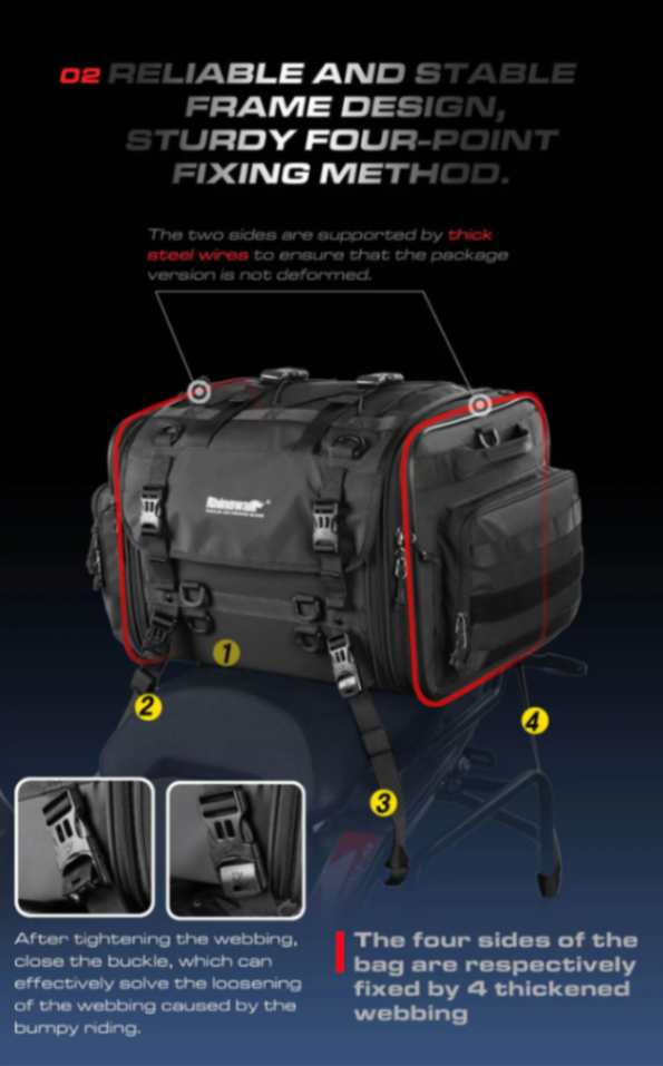 Rhinowalk Motorcycle Tail Bag Motorbike Rear Seat Bag 40-60 liter Large Capacity Motopack Bag (MT4060)