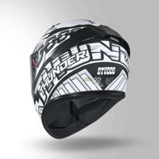 Studds Thunder D5 Decor Matt Black & White With Spoiler - Full Face Helmets