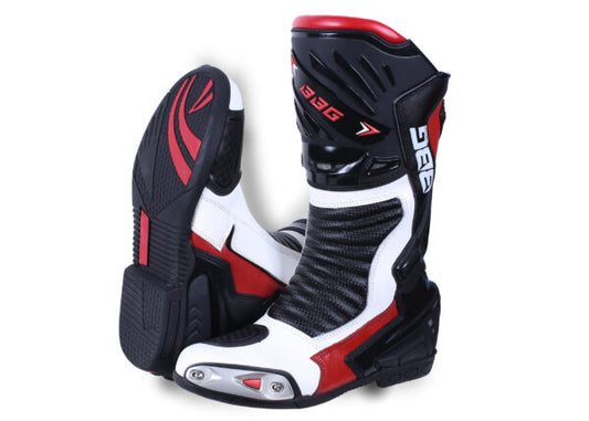 White & Red Racing Calf Boots - Biking Brotherhood - Riders Junction