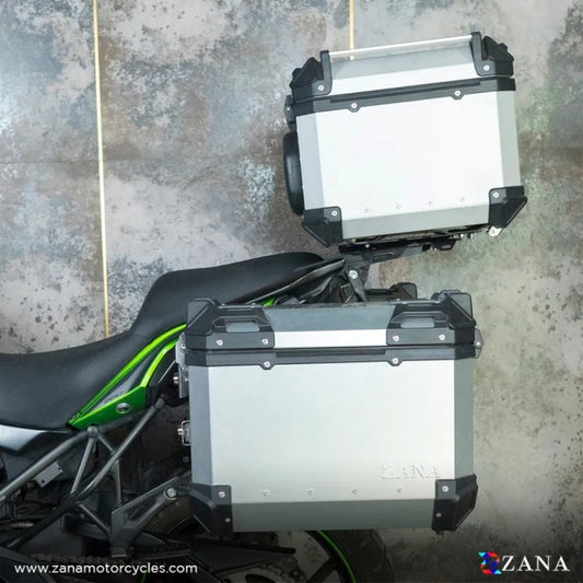 ZANA Panniers( 36 LTR ) Aluminium L-Flat Silver With Frame For Kawasaki Versys 650 (Coming Soon) - ZI-8498 LS - Riders Junction
