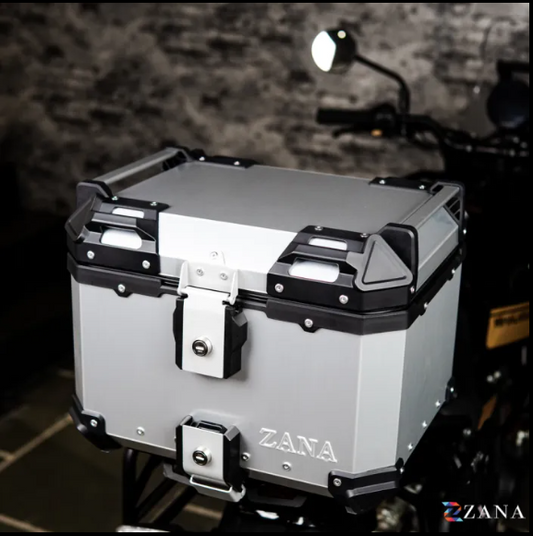 Zana-Universal Top Box Aluminium (45Ltr) l-flat Sliver With Back Rest Cushion For TVS Apache RTX 300-ZI-TB-011