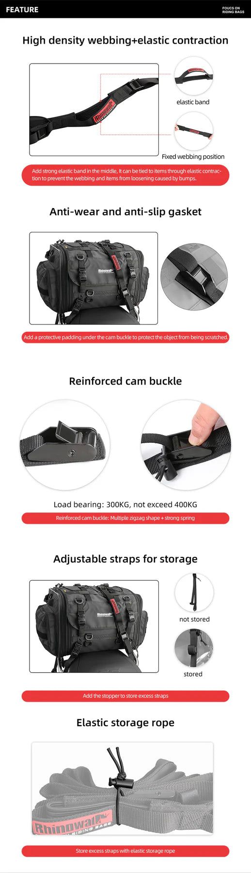 Rhinowalk Motorcycle Luggage Strap 2.5M Buckle Tie-Down Belt Cargo Straps for Motor Car Bike Reinforced Strap With Cam Buckle (MTR005)