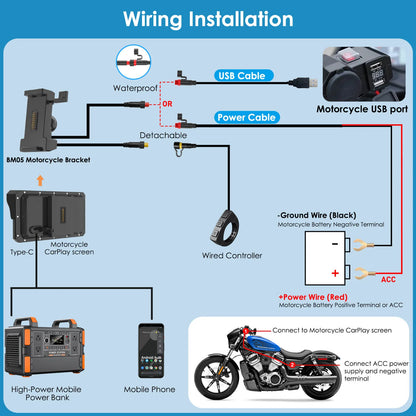 Carpuride Universal W602S Pro 6-Inch Motorcycle CarPlay Plug-and-Play BM05 Bracket with Type-C Port