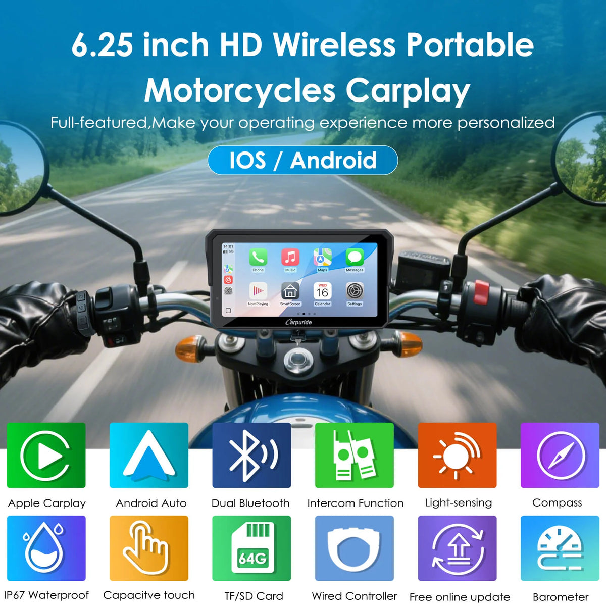 Carpuride Universal W602S Pro 6-Inch Motorcycle CarPlay Plug-and-Play BM05 Bracket with Type-C Port