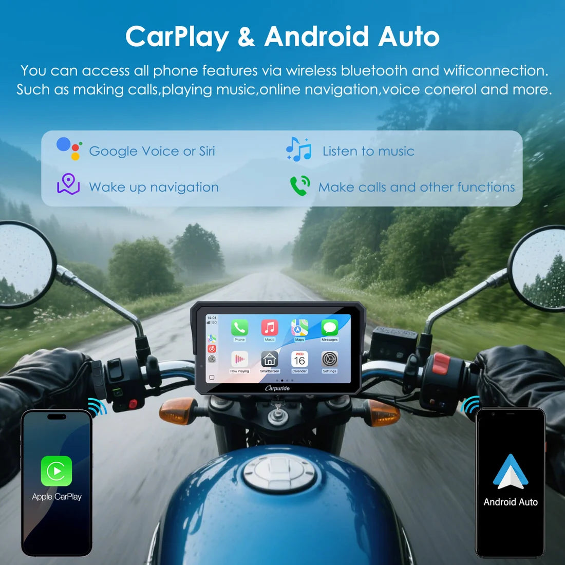Carpuride Universal W602S Pro 6-Inch Motorcycle CarPlay Plug-and-Play BM05 Bracket with Type-C Port