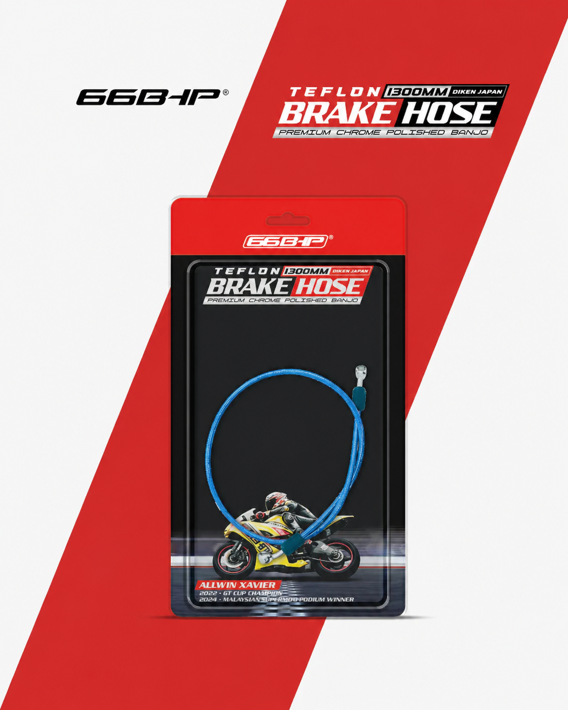 66Bhp 1000mm 66Bhp Teflon Brake Hose (Diken Japan) with Premium Chrome Polished Banjo (Blue)