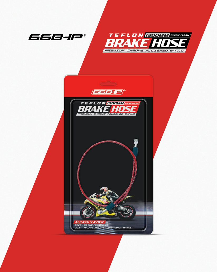 66Bhp 1300mm 66Bhp Teflon Brake Hose (Diken Japan) with Premium Chrome Polished Banjo (Red)