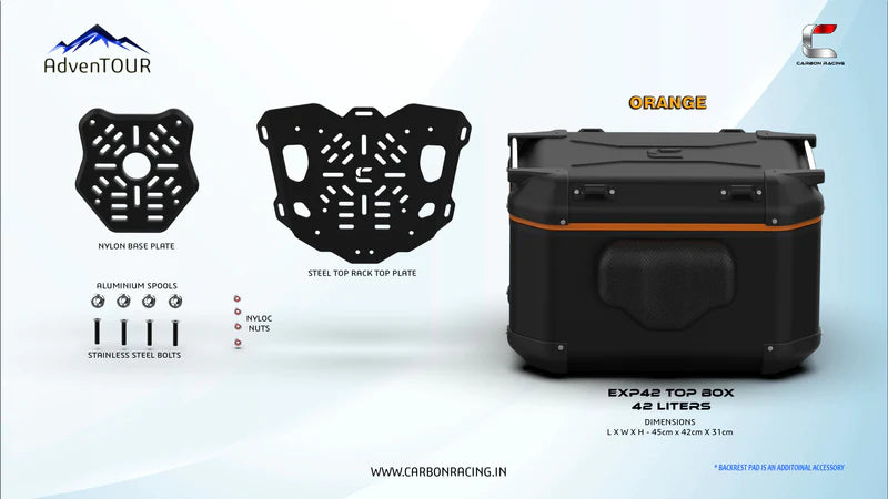 AdvenTOUR EXPLORER - Pro Top Box - 42 Liters with Universal Mounting Kit - Orange