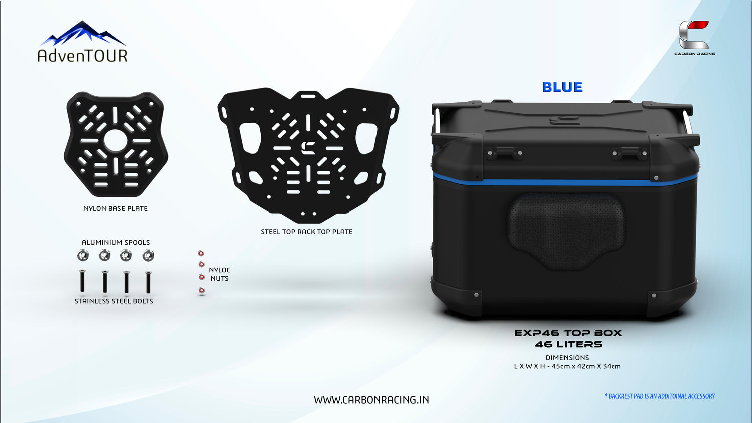 AdvenTOUR EXPLORER Top Box - 46 Liters (EXP46) + With Universal Mounting Kit (UTRK01) - Black Blue - Riders Junction