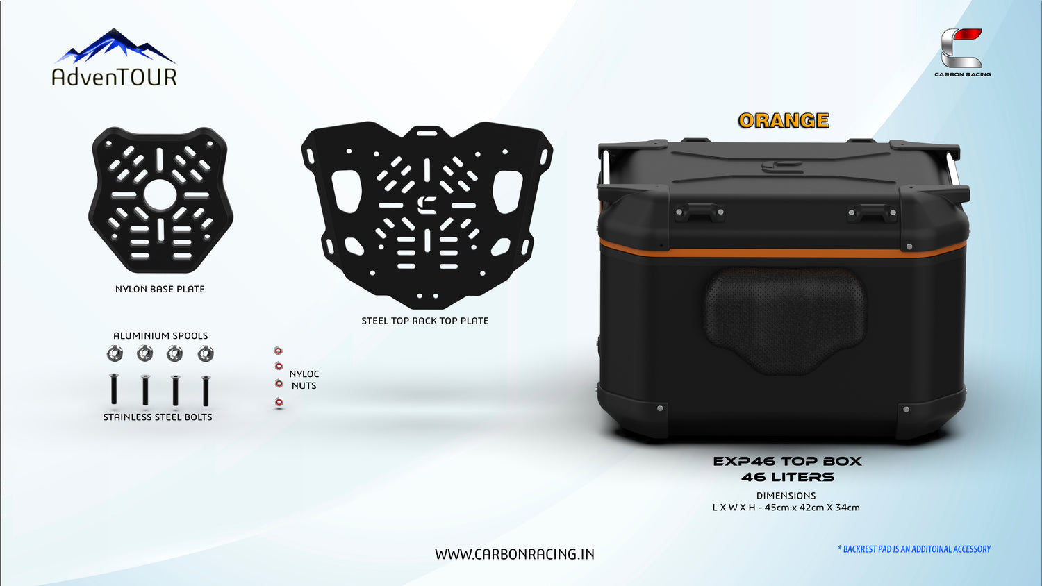 AdvenTOUR EXPLORER Top Box - 46 Liters (EXP46) + With Universal Mounting Kit (UTRK01) - Black Orange - Riders Junction