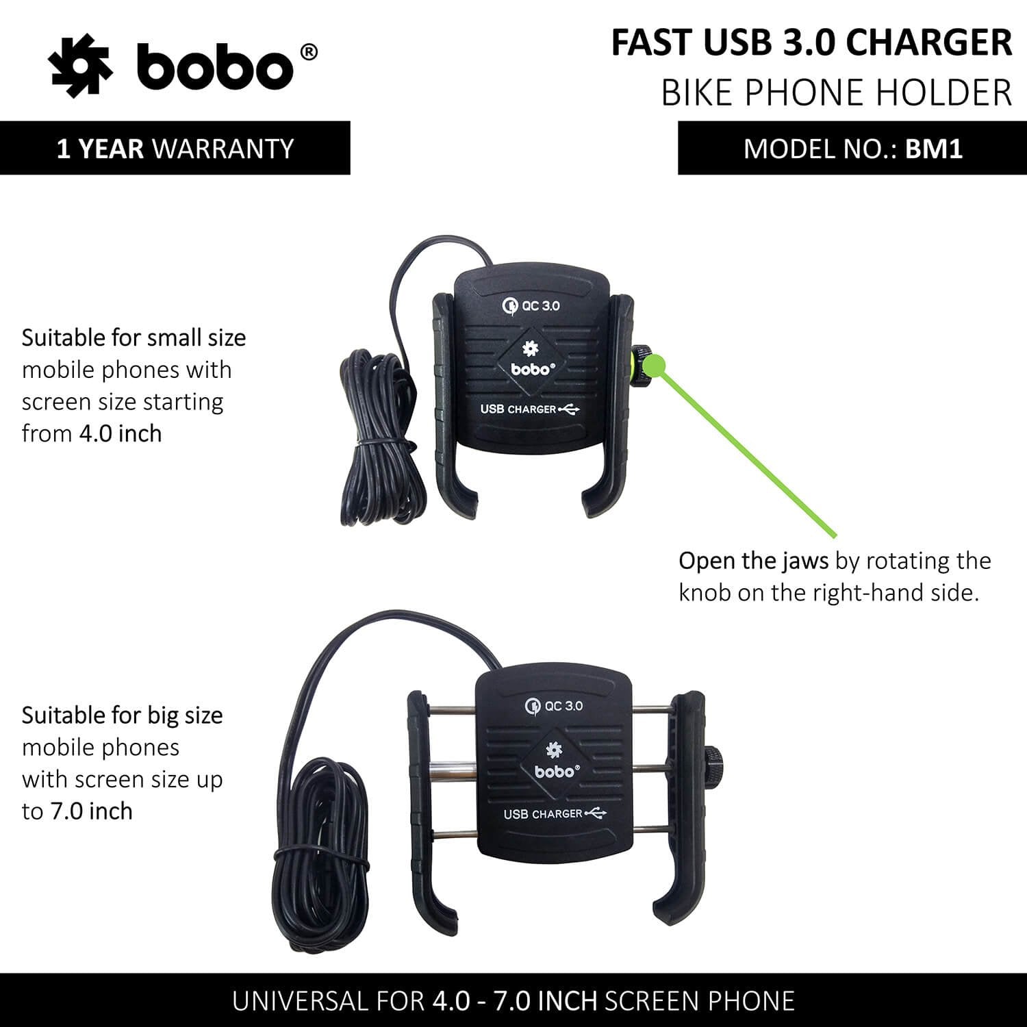 BOBO BM1 Jaw-Grip Bike Phone Holder (with fast USB 3.0 charger) Motorcycle Mobile Mount( Black)-BB-BM-001-001001