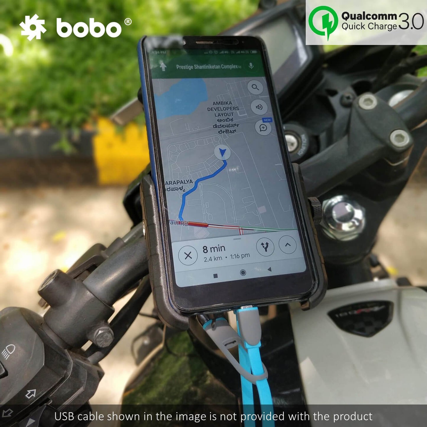BOBO BM1 Jaw-Grip Bike Phone Holder (with fast USB 3.0 charger) Motorcycle Mobile Mount (Blue)-BB-BM-001-001003