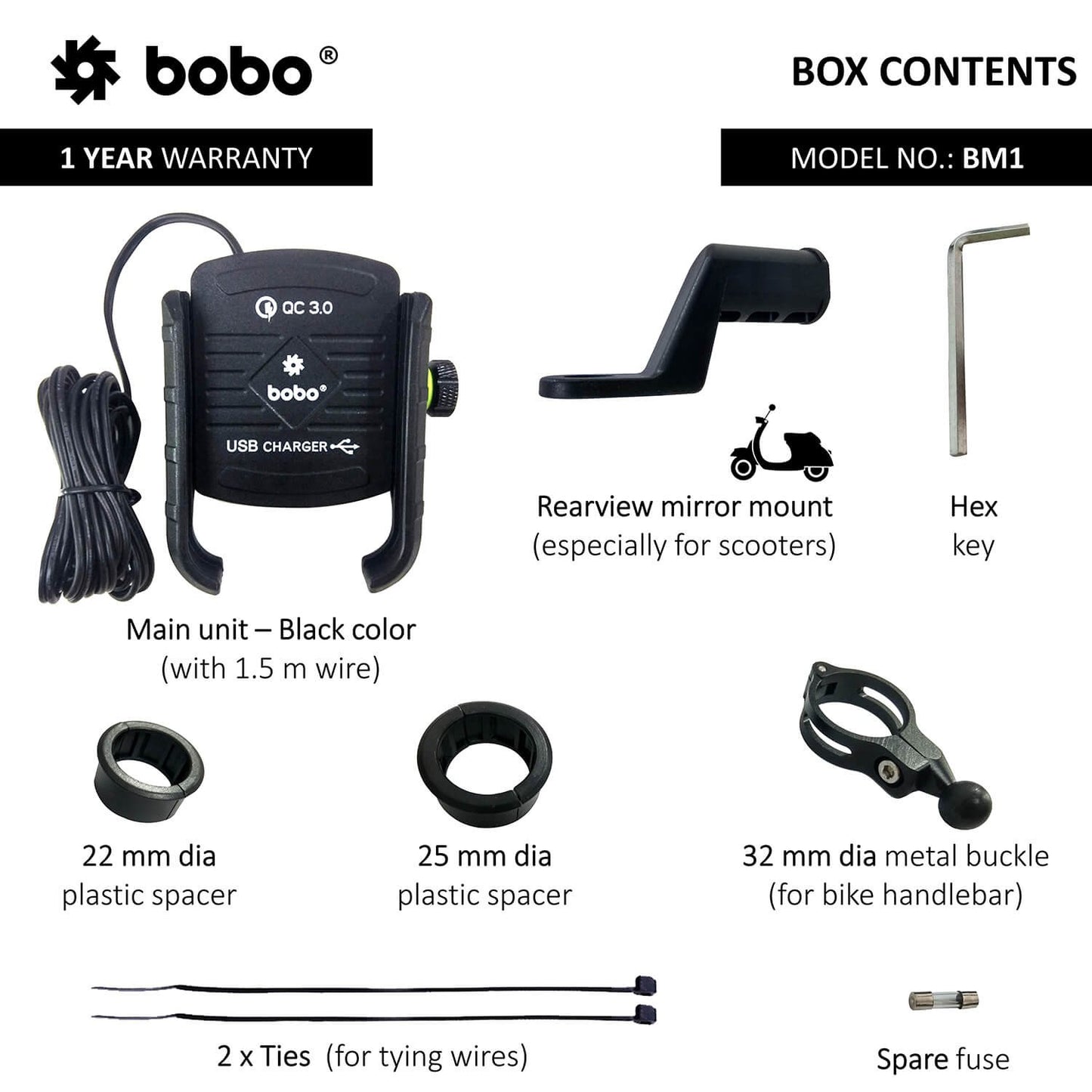 BOBO BM1 Jaw-Grip Bike Phone Holder (with fast USB 3.0 charger) Motorcycle Mobile Mount (Silver)-BB-BM-001-001004