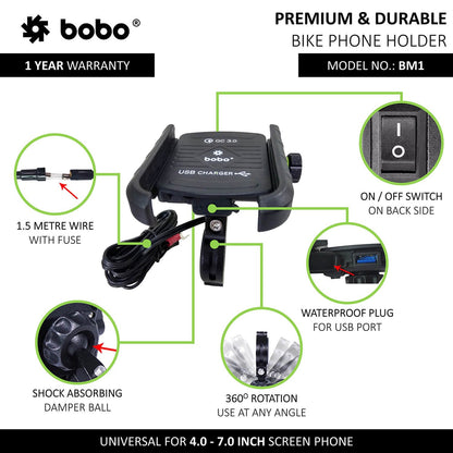 BOBO BM1 Jaw-Grip Bike Phone Holder (with fast USB 3.0 charger) Motorcycle Mobile Mount( Black)-BB-BM-001-001001