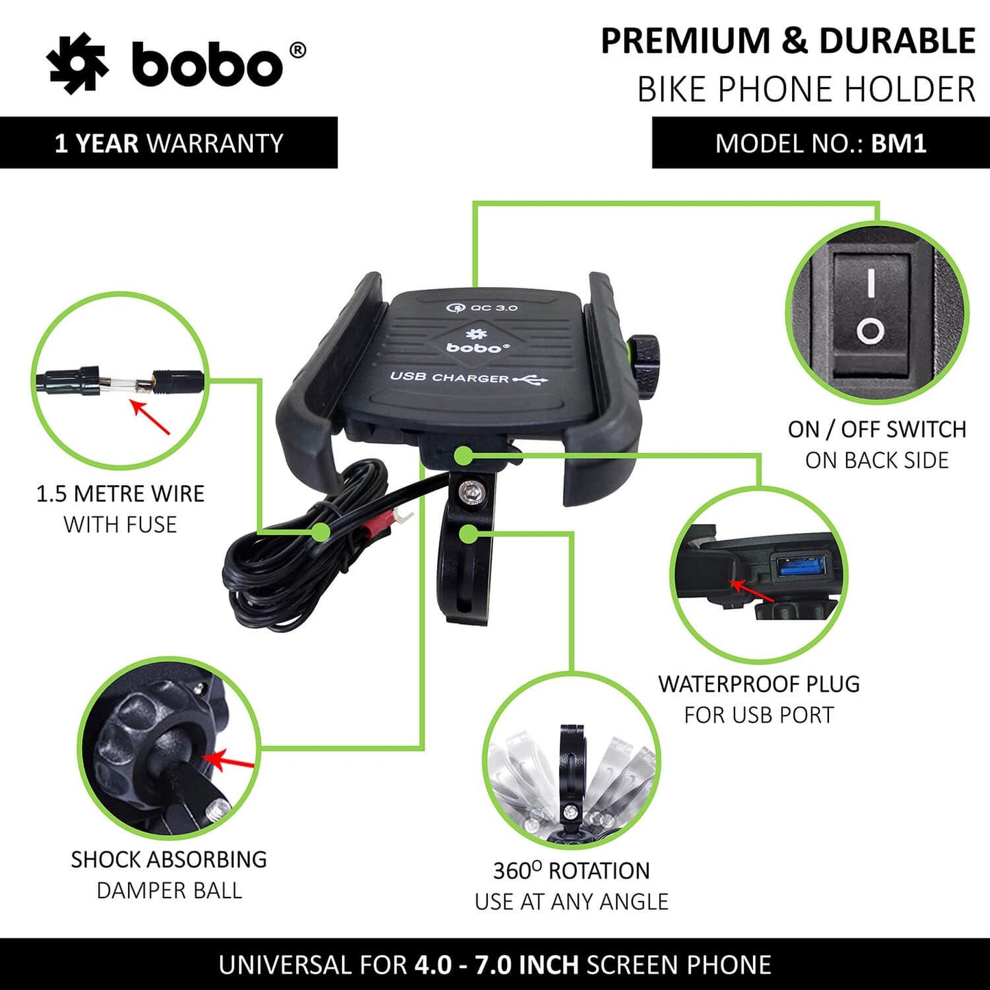 BOBO BM1 Jaw-Grip Bike Phone Holder (with fast USB 3.0 charger) Motorcycle Mobile Mount (Red)-BB-BM-001-001002