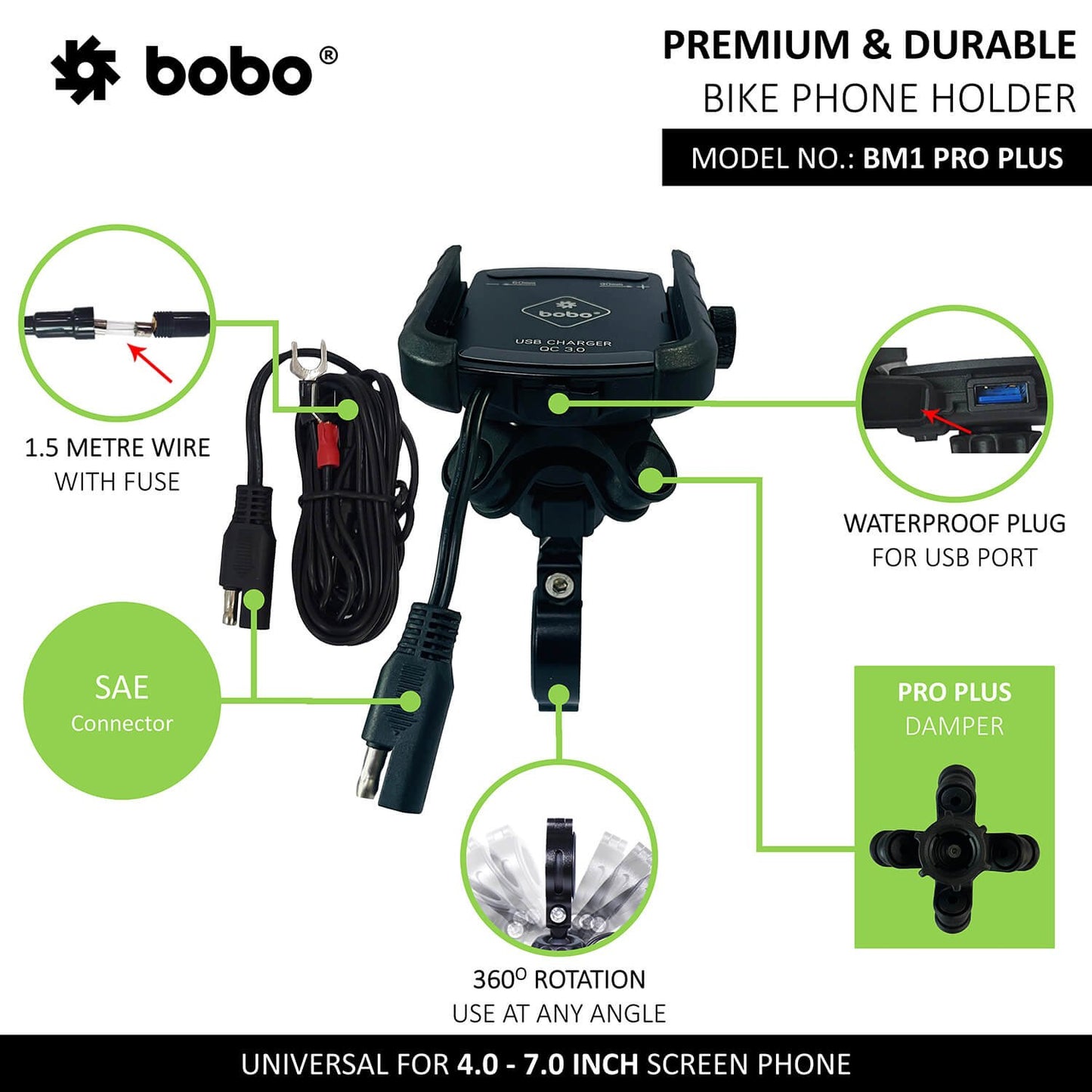 BOBO BM1 Pro Plus Jaw-Grip Bike Phone Holder (With Pro Plus Vibration Damper, Fast USB 3.0 Charger, SAE Connector & Fast USB Cable)-BB-BM-001-021001
