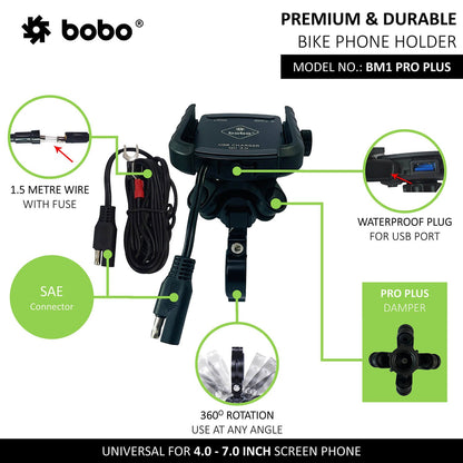 BOBO BM1 Pro Plus Jaw-Grip Bike Phone Holder (With Pro Plus Vibration Damper, Fast USB 3.0 Charger, SAE Connector & Fast USB Cable)-BB-BM-001-021001