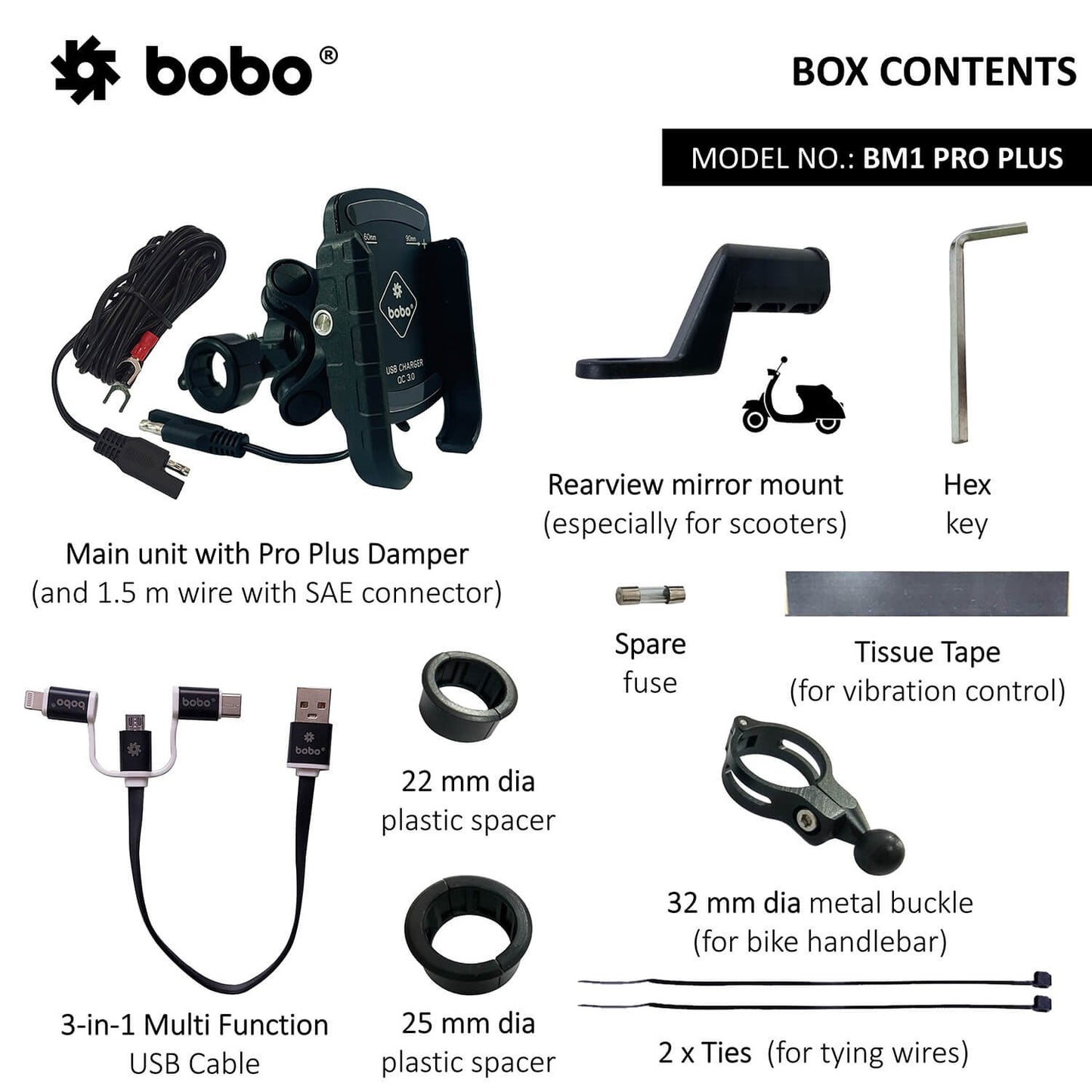BOBO BM1 Pro Plus Jaw-Grip Bike Phone Holder (With Pro Plus Vibration Damper, Fast USB 3.0 Charger, SAE Connector &amp; Fast USB Cable)-BB-BM-001-021001