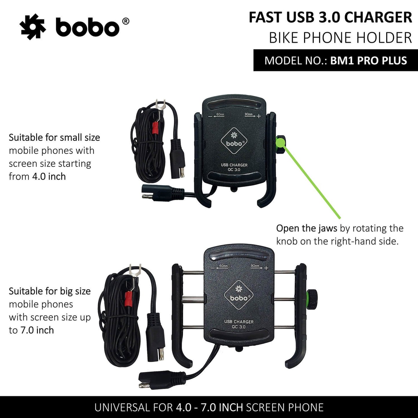 BOBO BM1 Pro Plus Jaw-Grip Bike Phone Holder (With Pro Plus Vibration Damper, Fast USB 3.0 Charger, SAE Connector &amp; Fast USB Cable)-BB-BM-001-021001