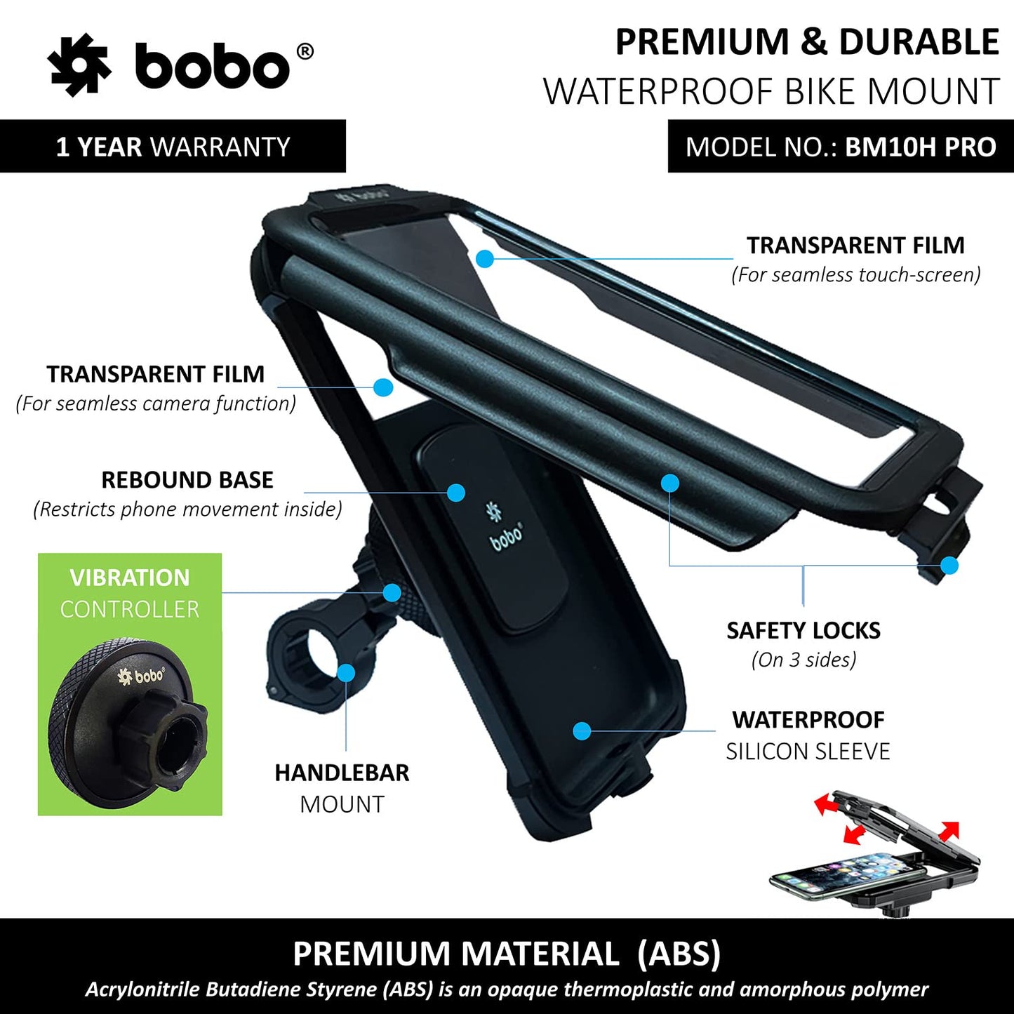BOBO BM10H PRO Waterproof Mobile Holder with Vibration Controller - Riders Junction