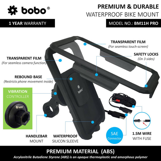 BOBO BM11H PRO Fully Waterproof Bike Phone Holder with Vibration Controller (with Fast 15W Wireless Charger &amp; USB-C Input/Output Port) Motorcycle Mobile Mount-BB-BM-011-111001
