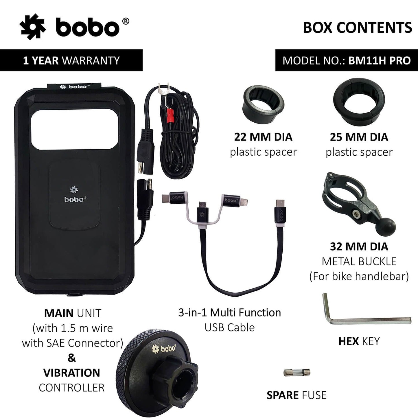 BOBO BM11H PRO Fully Waterproof Bike Phone Holder with Vibration Controller (with Fast 15W Wireless Charger &amp; USB-C Input/Output Port) Motorcycle Mobile Mount-BB-BM-011-111001