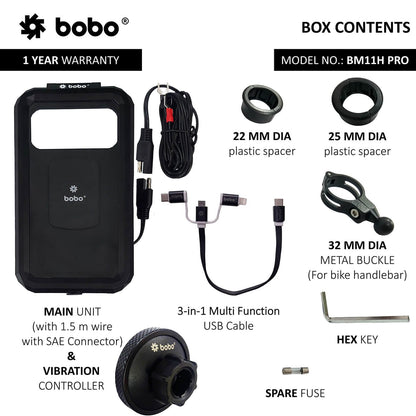 BOBO BM11H PRO Fully Waterproof Bike Phone Holder with Vibration Controller (with Fast 15W Wireless Charger &amp; USB-C Input/Output Port) Motorcycle Mobile Mount-BB-BM-011-111001