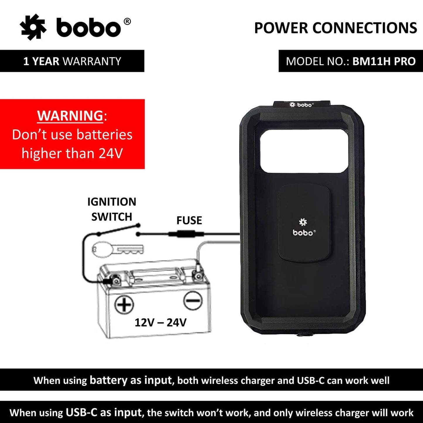 BOBO BM11H PRO Fully Waterproof Bike Phone Holder with Vibration Controller (with Fast 15W Wireless Charger &amp; USB-C Input/Output Port) Motorcycle Mobile Mount-BB-BM-011-111001