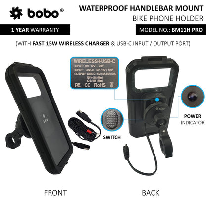 BOBO BM11H PRO Fully Waterproof Bike Phone Holder with Vibration Controller (with Fast 15W Wireless Charger &amp; USB-C Input/Output Port) Motorcycle Mobile Mount-BB-BM-011-111001
